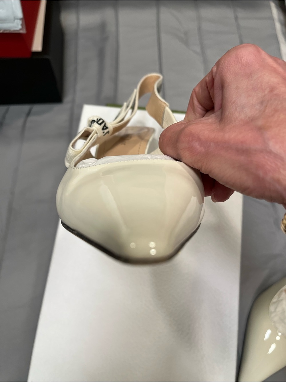 Dior Cream Patent Pointed Slingback Heels with J'Adior Ribbon - Picture 13 of 15